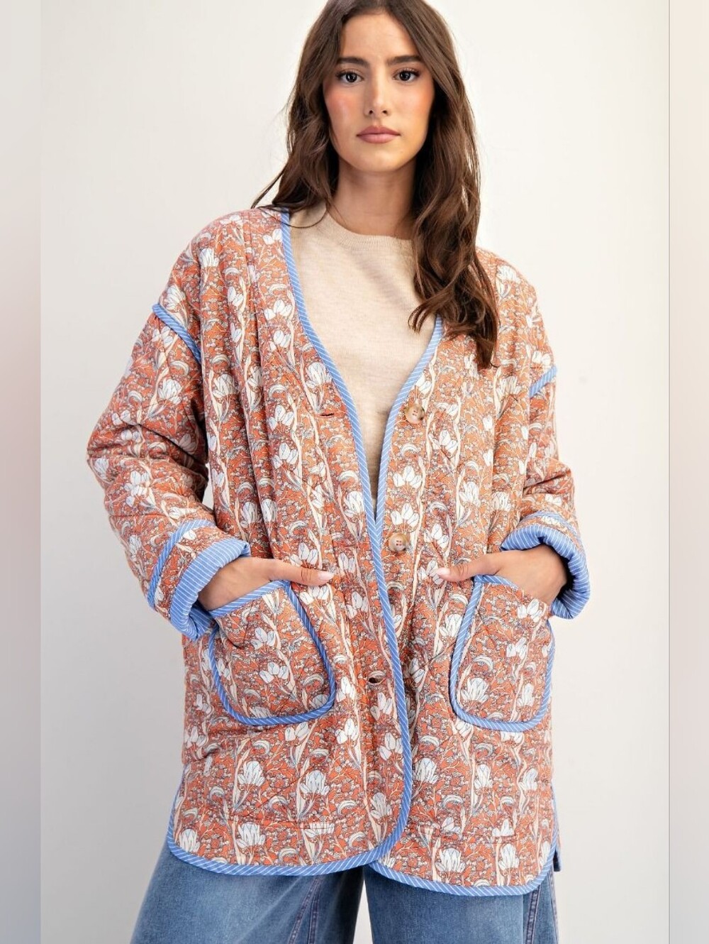 A5-0831 Easel Quilted Cotton Floral Fall Tie Front Jacket Coat